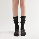 Gabriella 3D Bow Ribbon Applique Lace Crew Sock | Black