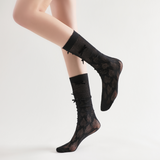 Gabriella 3D Bow Ribbon Applique Lace Crew Sock | Black