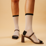Camellia Striped Ribbed Semi-Sheer Ankle Sock | White