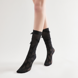 Gabriella 3D Bow Ribbon Applique Lace Crew Sock | Black