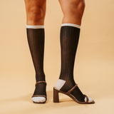 Camellia Striped Ribbed Semi-Sheer Mid-High Sock | Black
