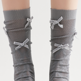 Gabriella 3D Bow Ribbon Applique Lace Crew Sock | Grey