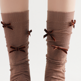 Gabriella 3D Bow Ribbon Applique Lace Crew Sock | Mocha