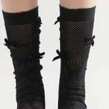 Gabriella 3D Bow Ribbon Applique Lace Crew Sock | Black