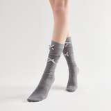 Gabriella 3D Bow Ribbon Applique Lace Crew Sock | Grey