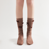 Gabriella 3D Bow Ribbon Applique Lace Crew Sock | Mocha