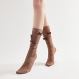 Gabriella 3D Bow Ribbon Applique Lace Crew Sock | Mocha