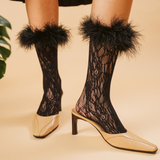 Destiny Feather Trim Lace Crew Sock | Black