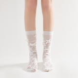 Gabriella 3D Bow Ribbon Applique Lace Crew Sock | White