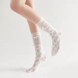 Gabriella 3D Bow Ribbon Applique Lace Crew Sock | White