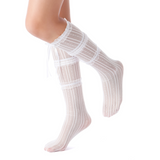 Chloe Layered Lace Knee-High Ribbon Sheer Sock | White