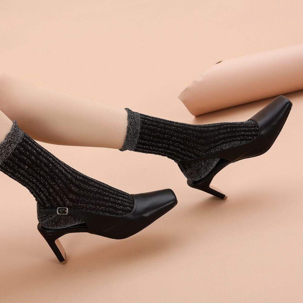 Aliyah Scallop Sparkle Crew Sock | Black Silver - Sock Season