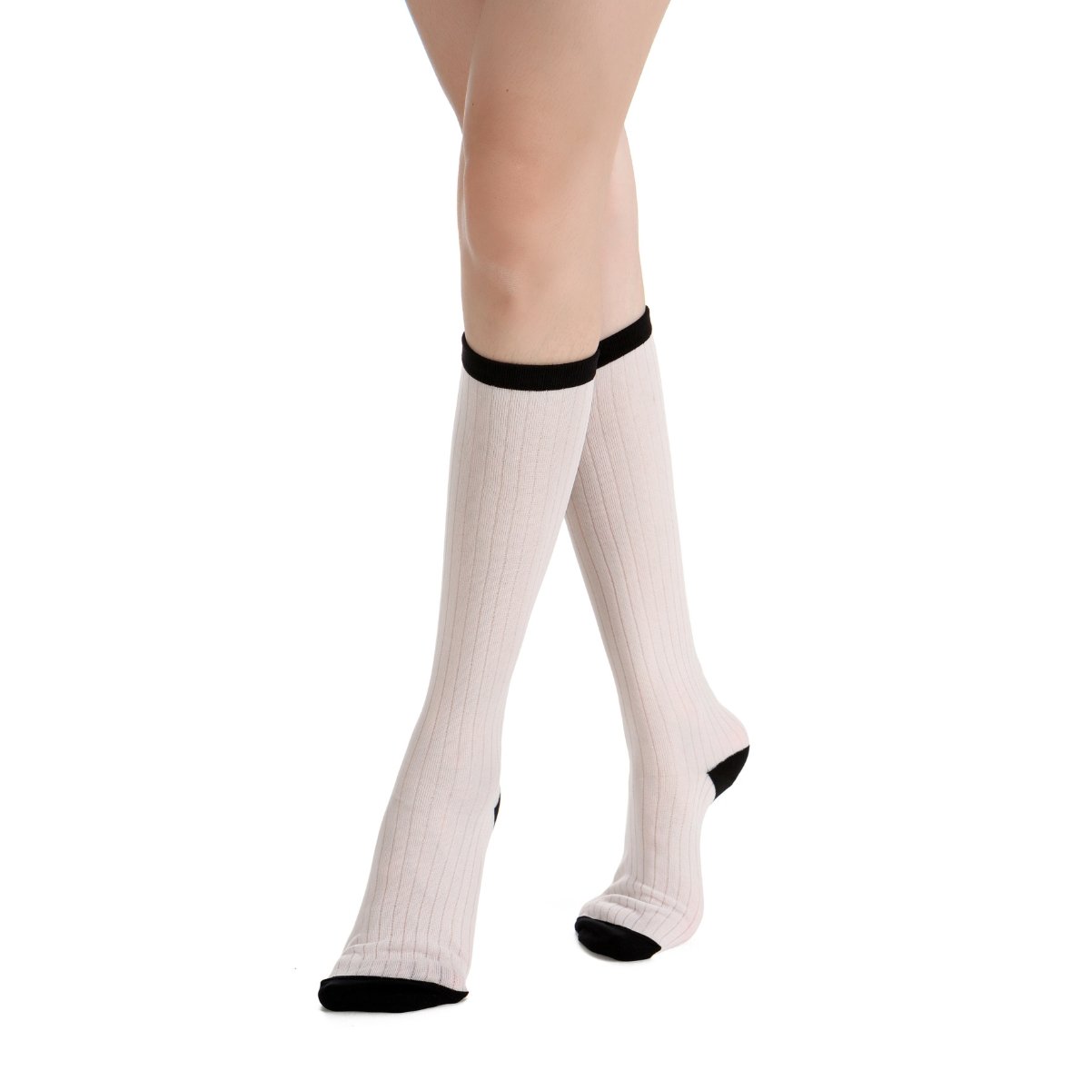 Camellia Striped Ribbed Semi-Sheer Mid-High Sock | White - Sock Season