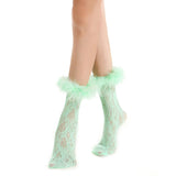 Destiny Feather Trim Lace Crew Sock | Mint Green - Sock Season