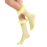 Destiny Feather Trim Lace Crew Sock | Pastel Yellow - Sock Season