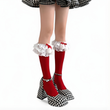 Holiday Lace Pom Ruffle Socks | Limited Edition Girly Crew Socks| Red