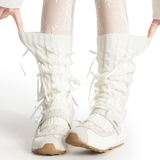 Aurora Ribbon Bow Cable Knit Coquette Leg Warmers | White