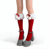 Holiday Lace Pom Ruffle Socks | Limited Edition Girly Crew Socks| Red