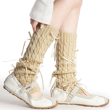 Aurora Ribbon Bow Cable Knit Coquette Leg Warmers | Beige