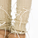 Aurora Ribbon Bow Cable Knit Coquette Leg Warmers | Beige