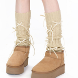 Aurora Ribbon Bow Cable Knit Coquette Leg Warmers | Beige