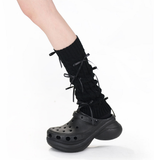 Aurora Ribbon Bow Cable Knit Coquette Leg Warmers | Black