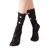 Briar 3D Rose Buds Lettuce Edge Lace Crew Sock | Black