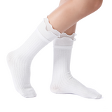 Sophia Layered Lettuce Edge Crew Sock| White