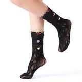 Briar 3D Rose Buds Lettuce Edge Lace Crew Sock | Black