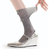 Gabriella 3D Bow Ribbon Applique Lace Crew Sock | Grey