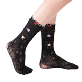 Briar 3D Rose Buds Lettuce Edge Lace Crew Sock | Black