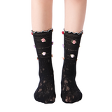 Briar 3D Rose Buds Lettuce Edge Lace Crew Sock | Black