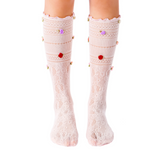 Briar 3D Rose Buds Lettuce Edge Lace Crew Sock | Light Pink