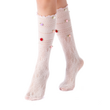 Briar 3D Rose Buds Lettuce Edge Lace Crew Sock | Light Pink