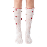 Briar 3D Rose Buds Lettuce Edge Lace Crew Sock | White