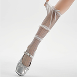 Chloe Layered Lace Knee-High Ribbon Sheer Sock | Grey