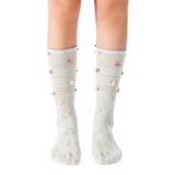 Briar 3D Rose Buds Lettuce Edge Lace Crew Sock | Mint Green