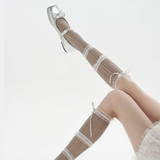 Chloe Layered Lace Knee-High Ribbon Sheer Sock | Grey