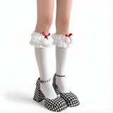 Holiday Lace Pom Ruffle Socks | Limited Edition Girly Crew Socks| White