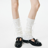 Aurora Ribbon Bow Cable Knit Coquette Leg Warmers | White
