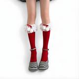 Holiday Lace Pom Ruffle Socks | Limited Edition Girly Crew Socks| Red