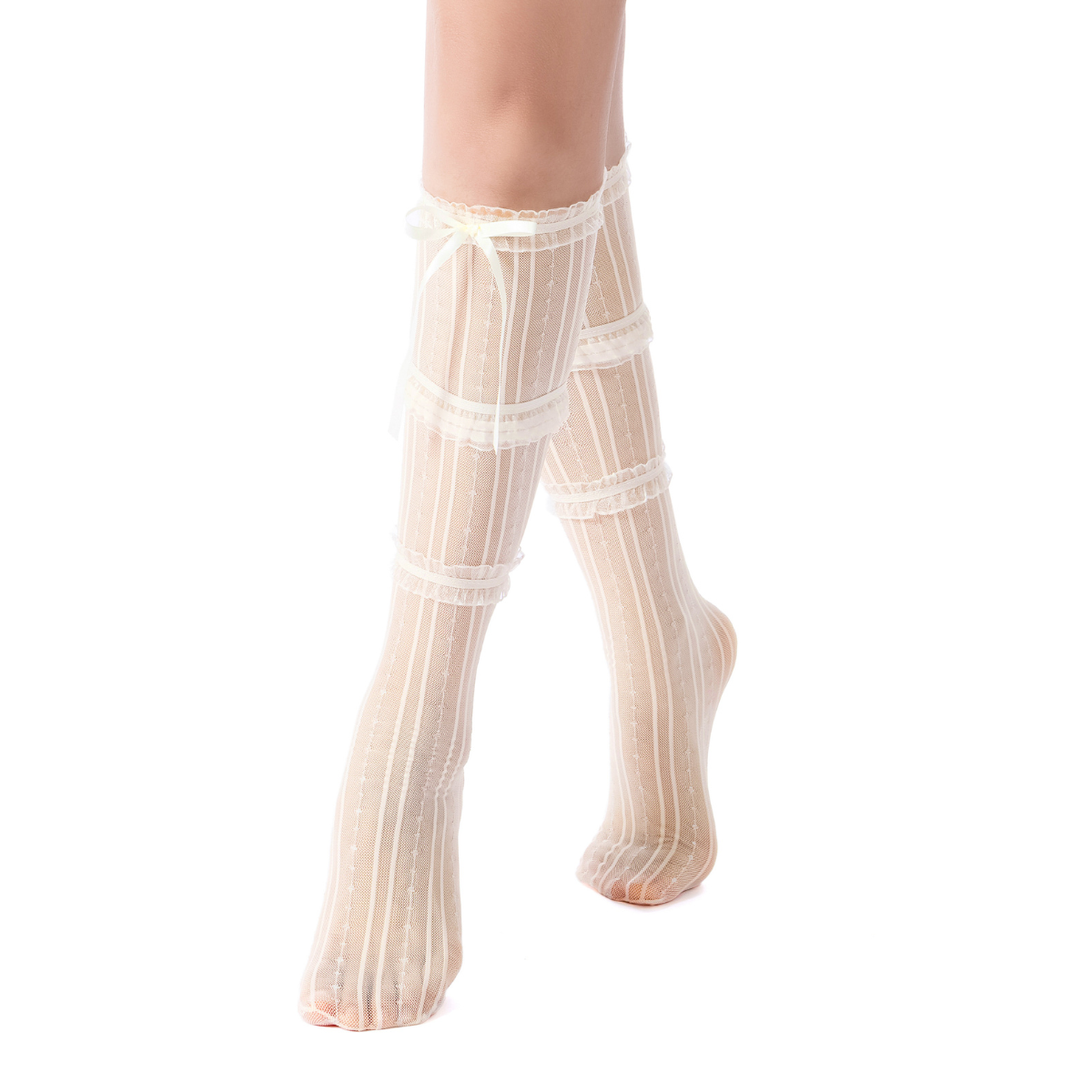 Chloe Layered Lace Knee-High Ribbon Sheer Sock | Beige