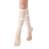 Chloe Layered Lace Knee-High Ribbon Sheer Sock | Beige