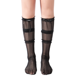 Chloe Layered Lace Knee-High Ribbon Sheer Sock | Black