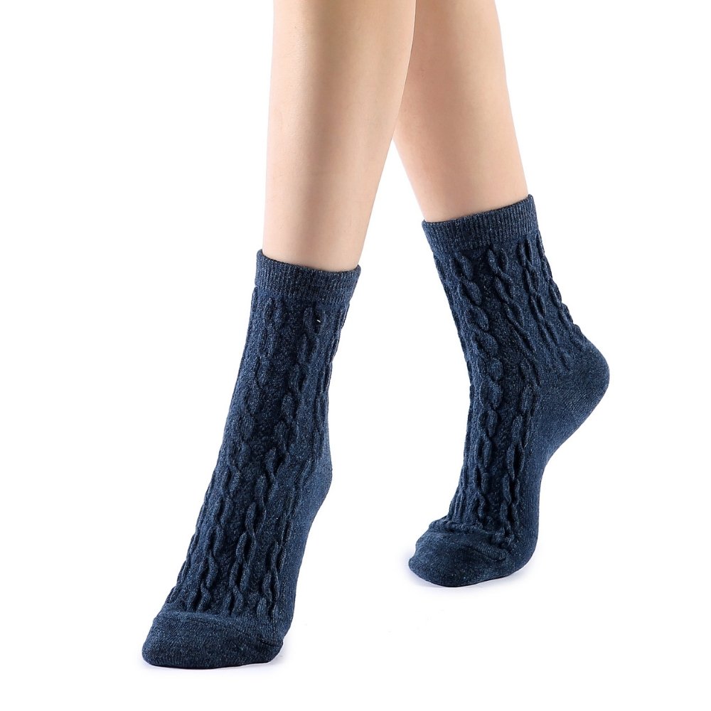 Bella Cable Knit Wool Crew Sock | Navy Blue - Sock Season