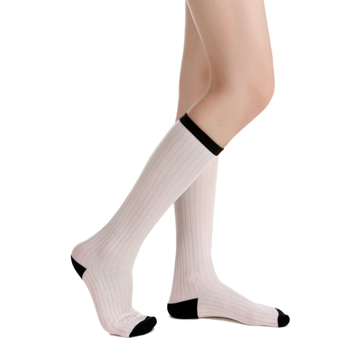 Camellia Striped Ribbed Semi-Sheer Mid-High Sock | White - Sock Season