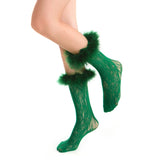 Destiny Feather Trim Lace Crew Sock | Green - Sock Season