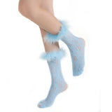 Destiny Feather Trim Lace Crew Sock | Pastel Blue - Sock Season